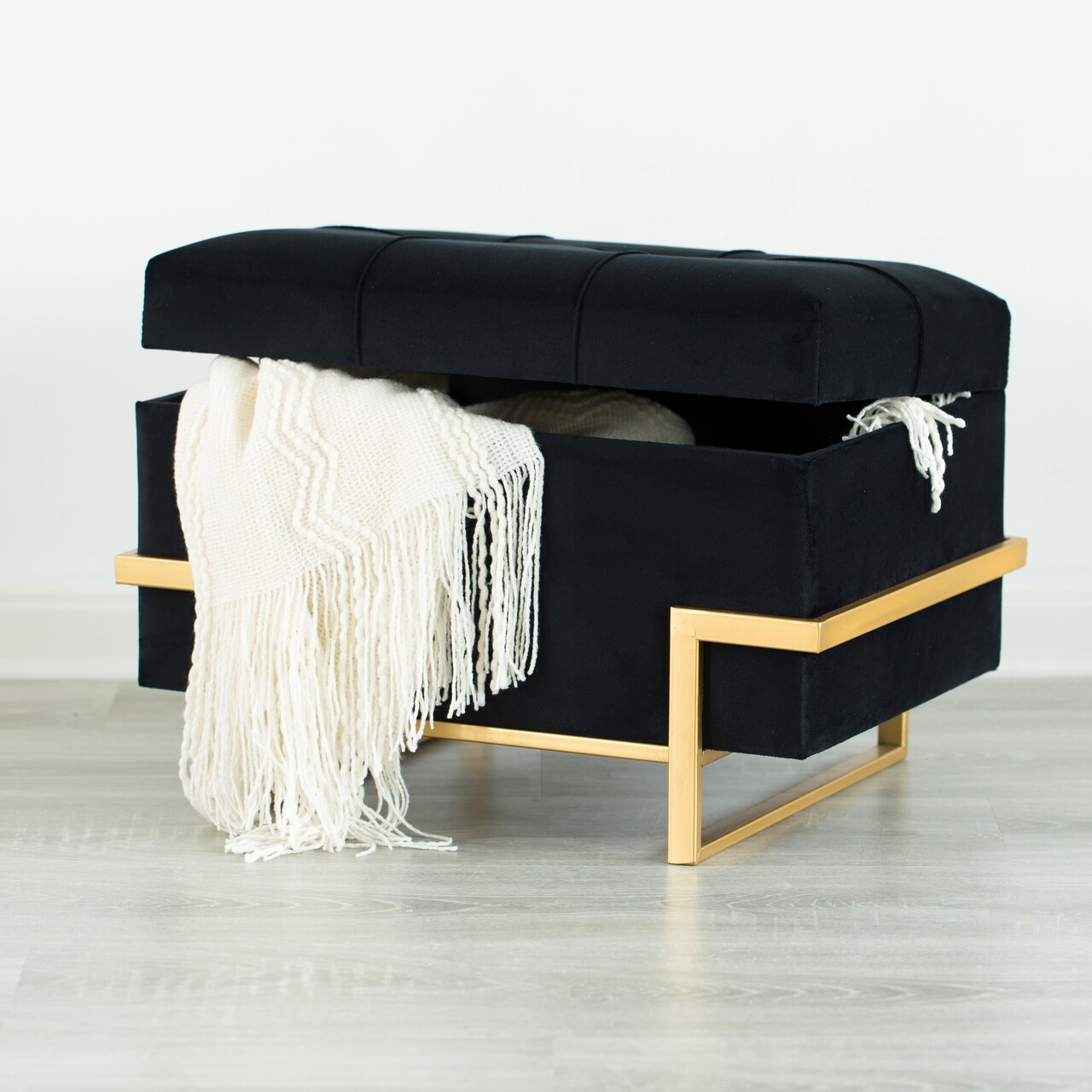 Rectangle Velvet Storage Ottoman Stool Box with Abstract Golden Legs | Decorative Sitting Bench for Living Room Home Decor with Unique Base Support